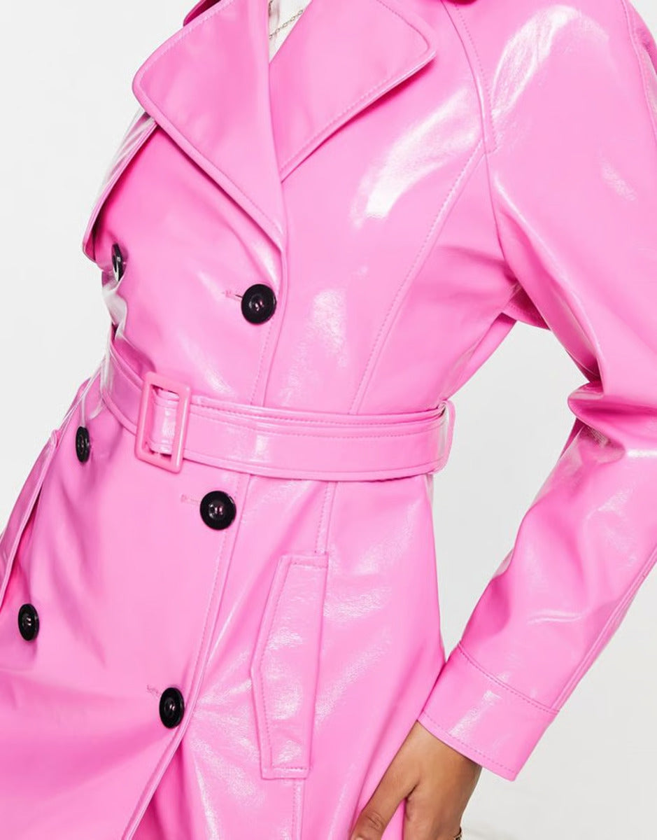 MISS SELFRIDGE - VINYL FAUX LEATHER BELTED TRENCH COAT BRIGHT PINK