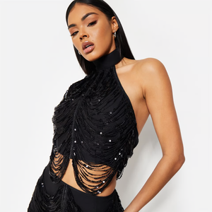 I SAW IT FIRST - SEQUIN TASSLE LACE HALTER CROP TOP