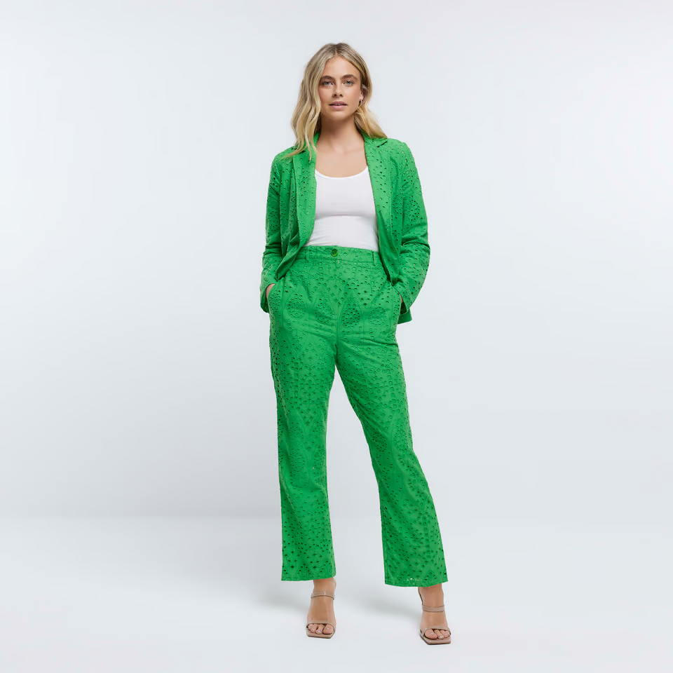 RIVER ISLAND - WIDE LEG GREEN BRODERIE TROUSERS
