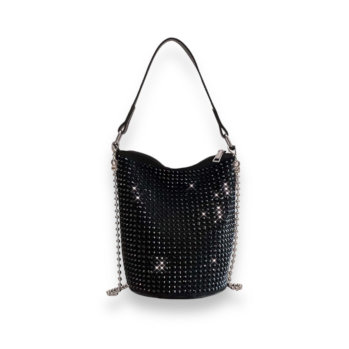 BYDENWELY - RHINESTONE ROVETS BLING BUCKET HOBO BAG - BLACK