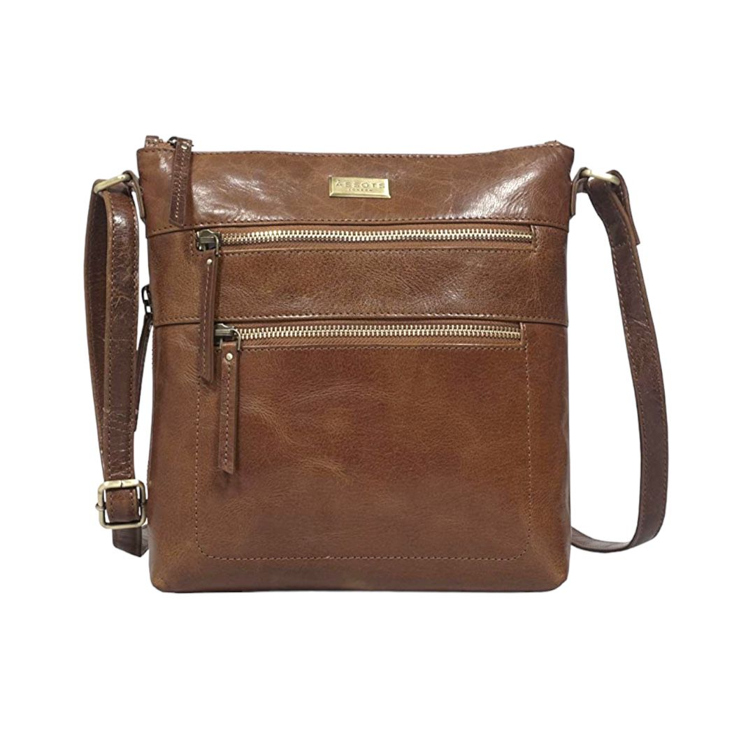 ASSOTS - MULTI POCKETS GENUINE LEATHER CROSSBODY BAG - TAN DISTRESSED