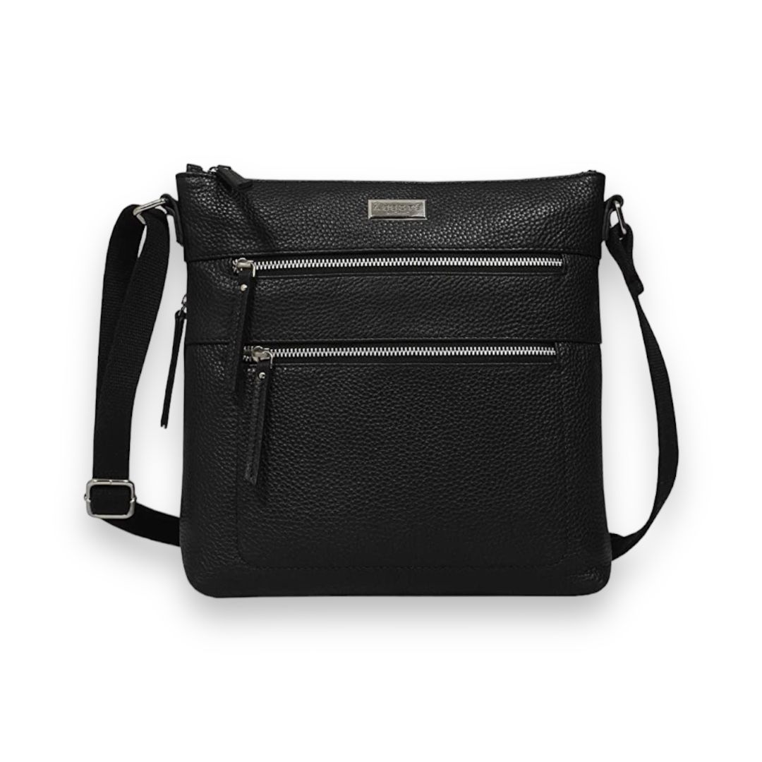 ASSOTS - MULTI POCKETS GENUINE LEATHER CROSSBODY BAG - BLACK PEBBLE GRAIN