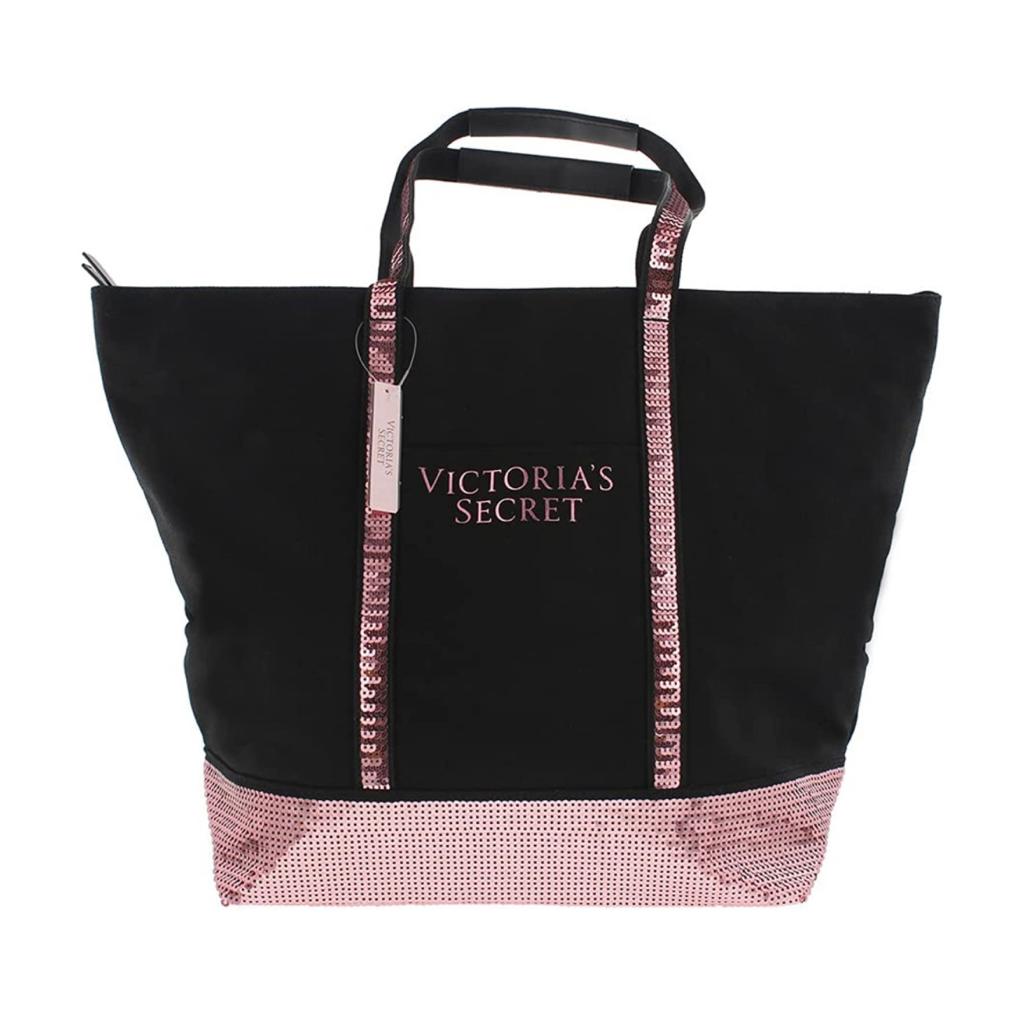 VICTORIA'S SECRET - BLACK & PINK METALIC SMALL TOTE BACK